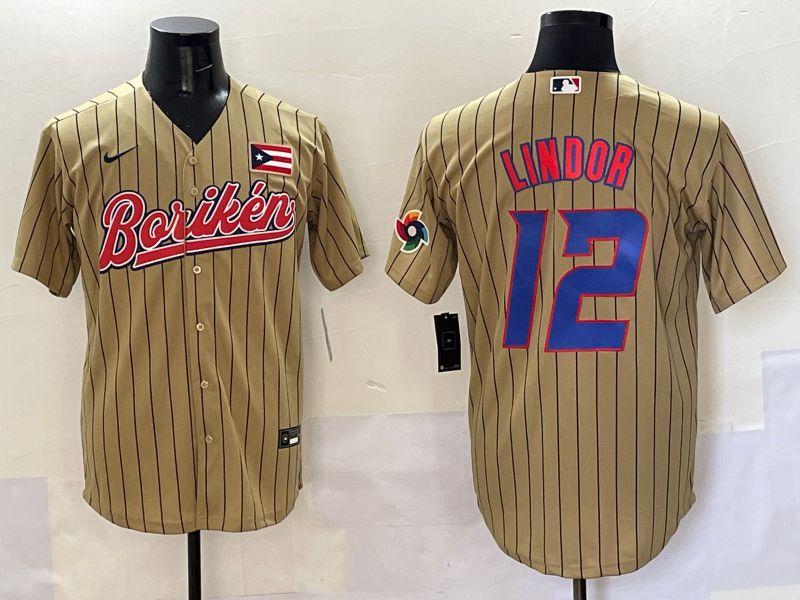 Men Puerto Rico 12 Lindor Brown Stripe Joint Name 2025 Nike MLB Jersey style 12